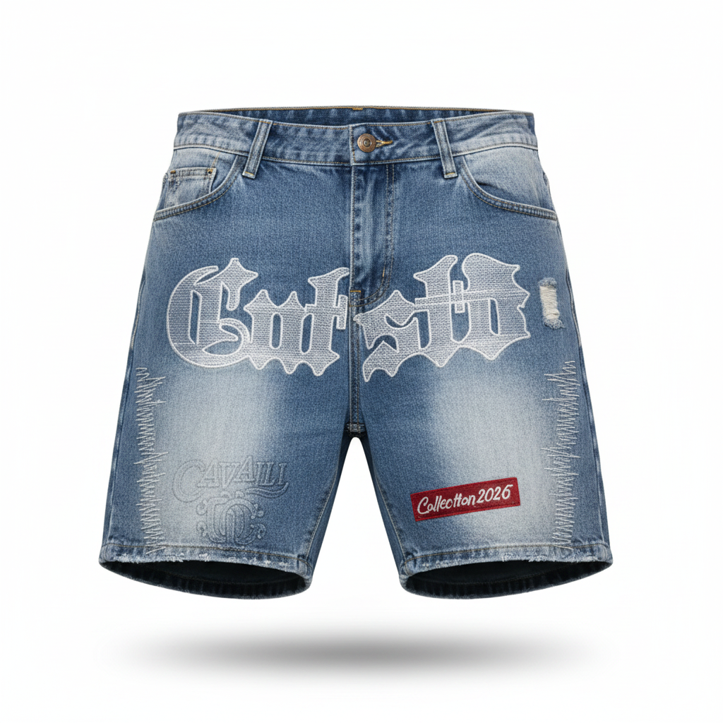 Light blue denim shorts with gothic embroidery on a white background