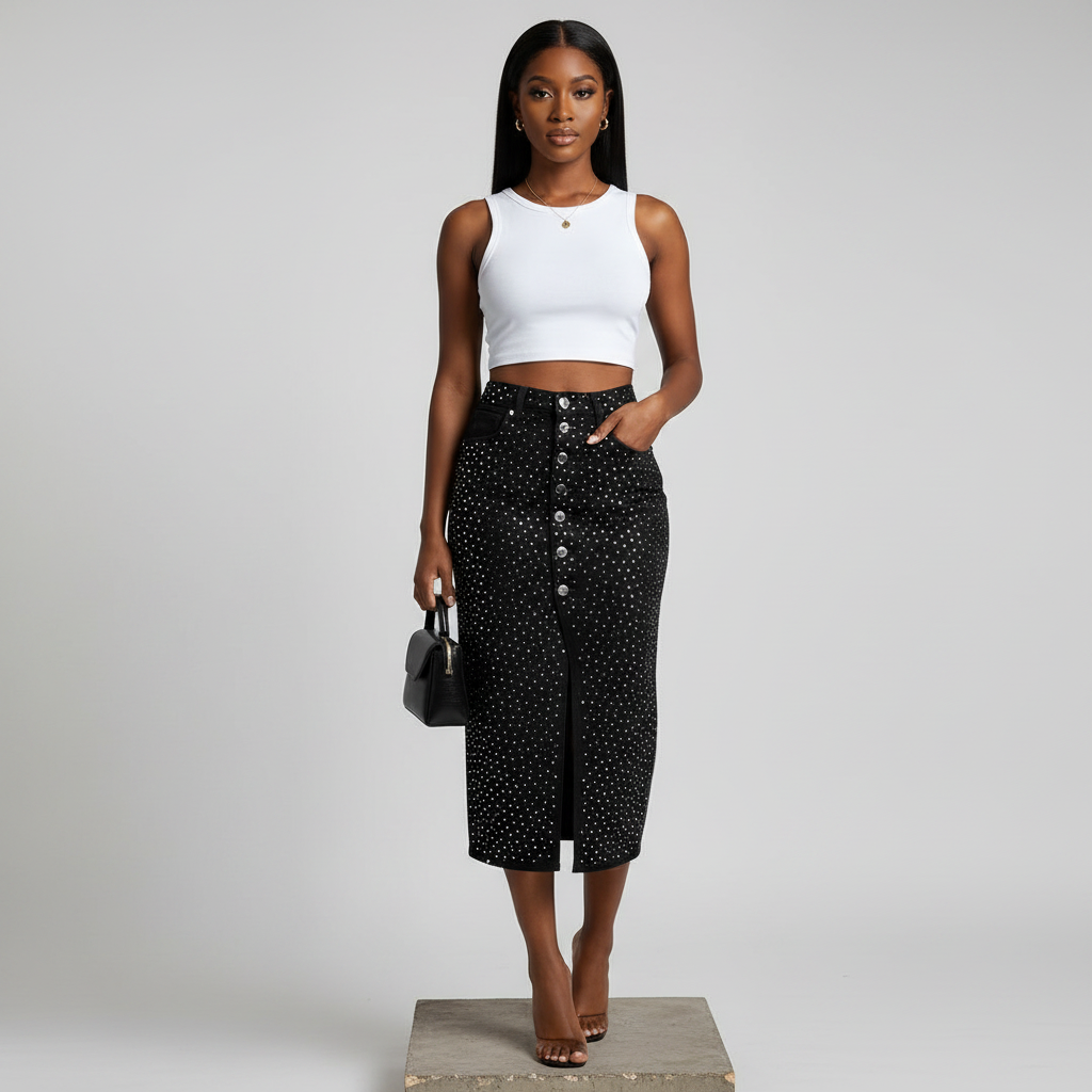 Black Rhinestone All-Over Midi Denim Skirt – Model Front