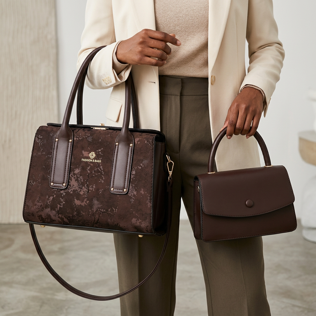 Close-up model view holding both chocolate brown bags