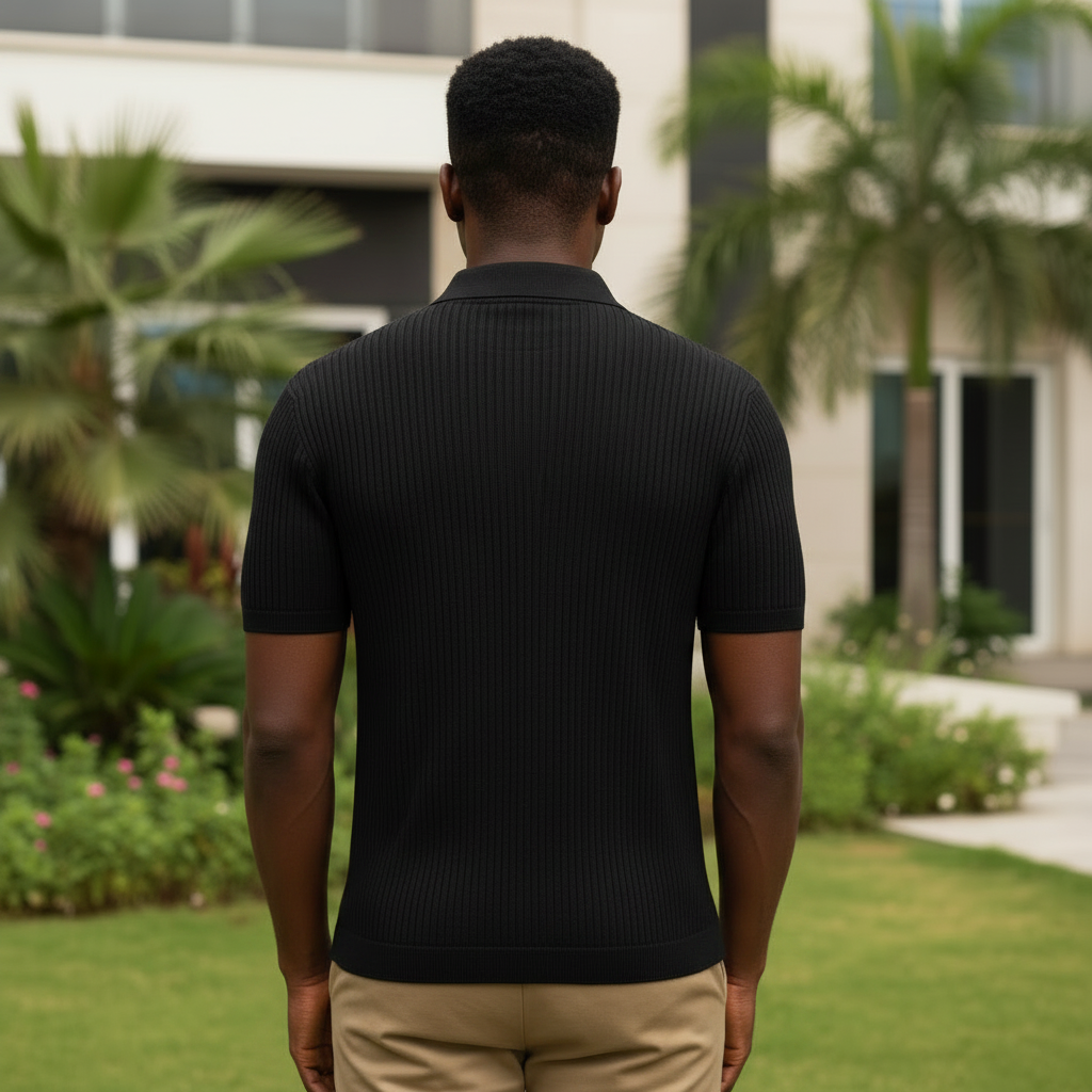 Black Ribbed Knit Polo – Nigerian male model back view
