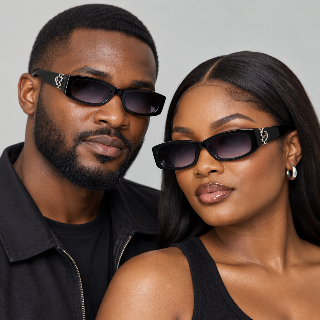 AI-generated adults wearing black rectangular sunglasses with gradient lenses