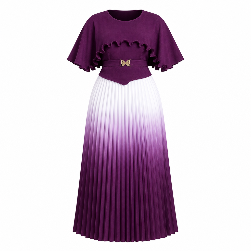 Purple cape-sleeve gown with pleated ombre skirt, ghost mannequin view