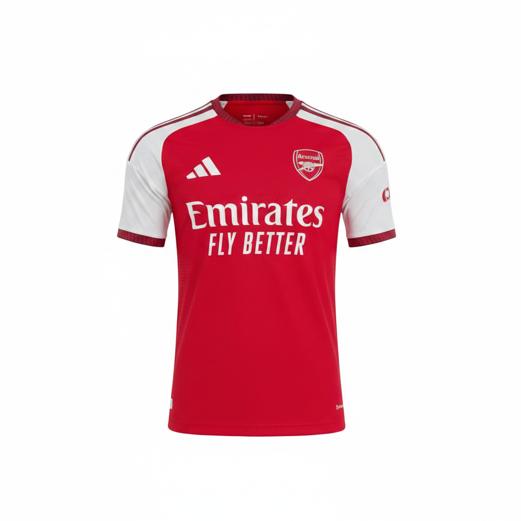 Red and white sleeve football jersey ghost mannequin front view - shield crest badge, white chest print