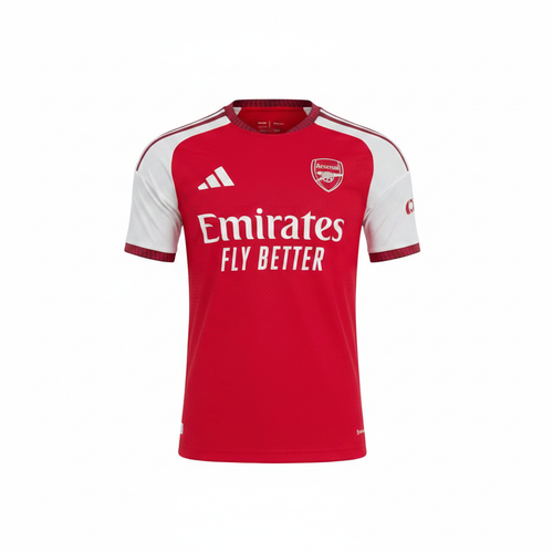 Red and white sleeve football jersey ghost mannequin front view - shield crest badge, white chest print