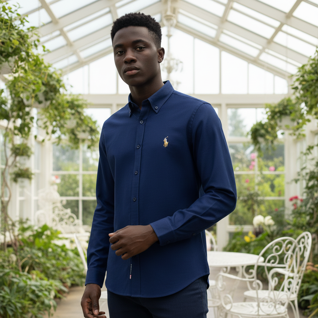 Men's Classic Navy Blue Long-Sleeve Button-Down Shirt - Front View