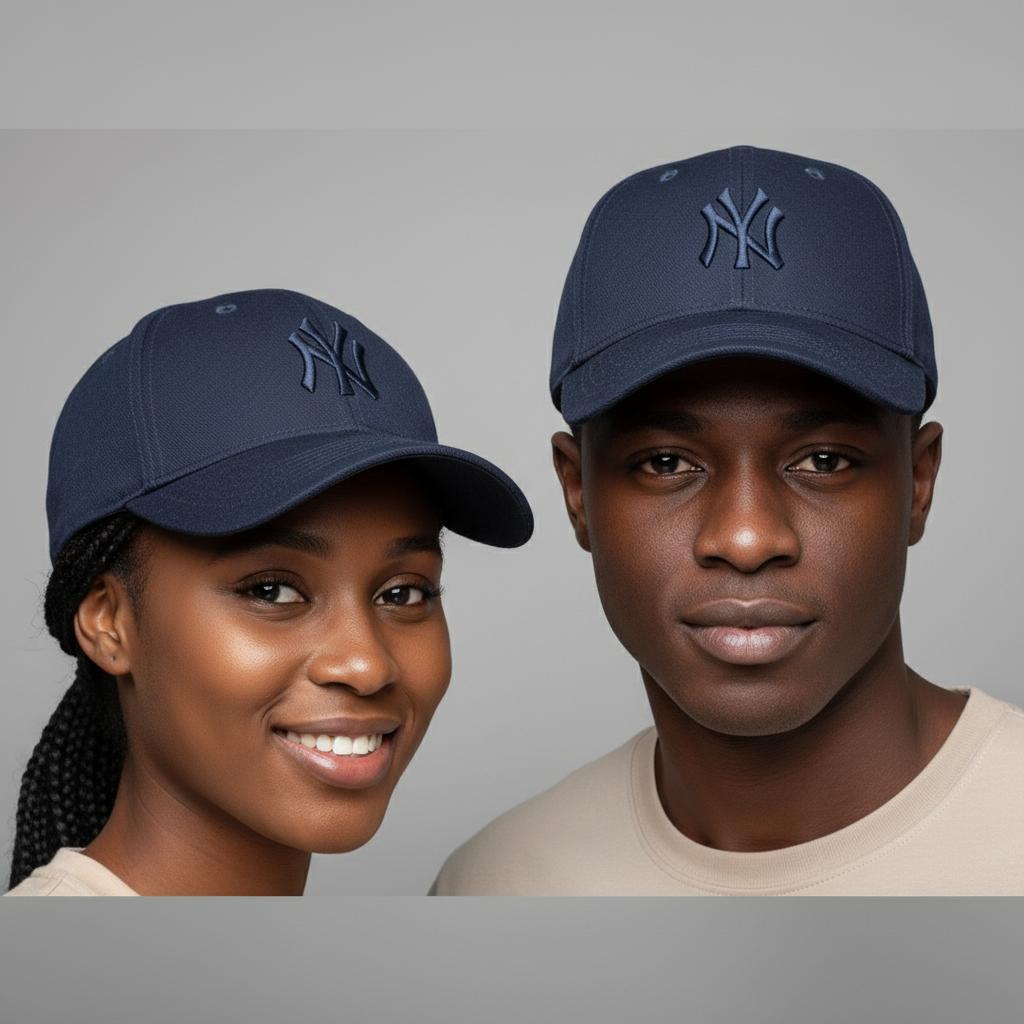 Nigerian male and female models wearing dark navy NY Yankees embroidered baseball cap
