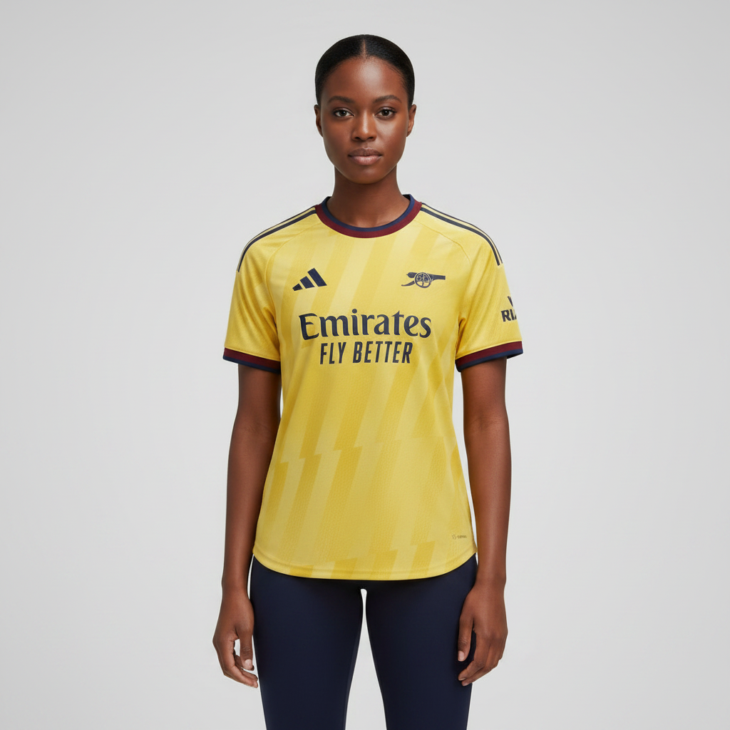 Nigerian female model wearing Arsenal away yellow jersey