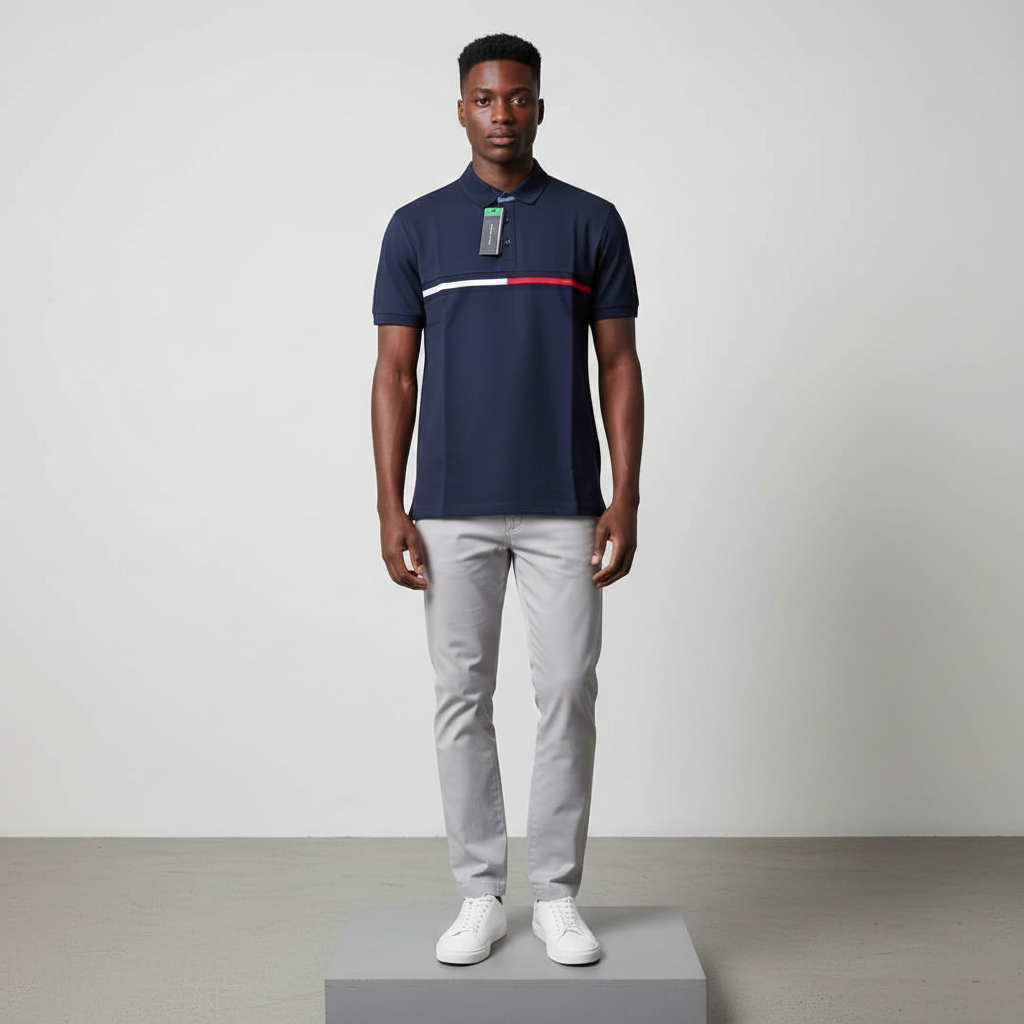 Nigerian male model wearing navy blue chest stripe polo shirt, front view