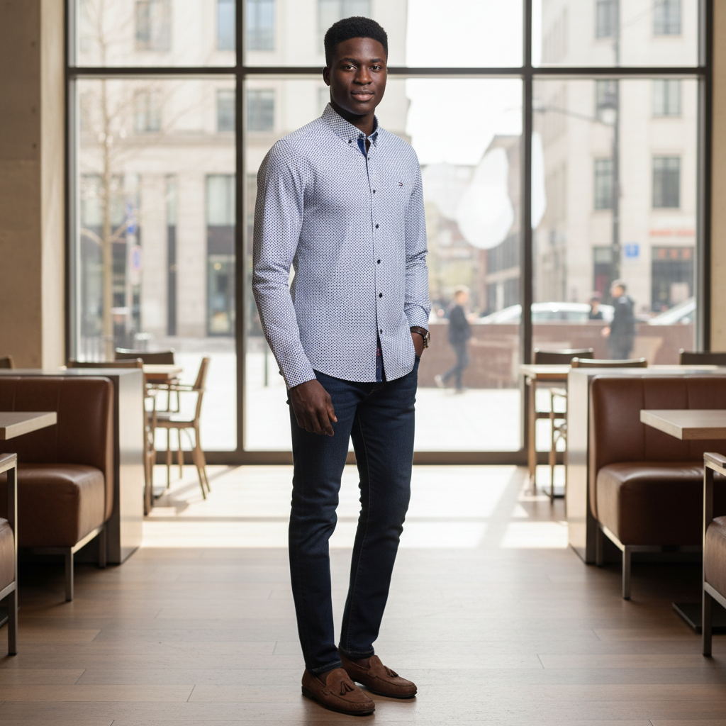 Men's Premium Micro-Dot Print Shirt – Model Shot White & Navy
