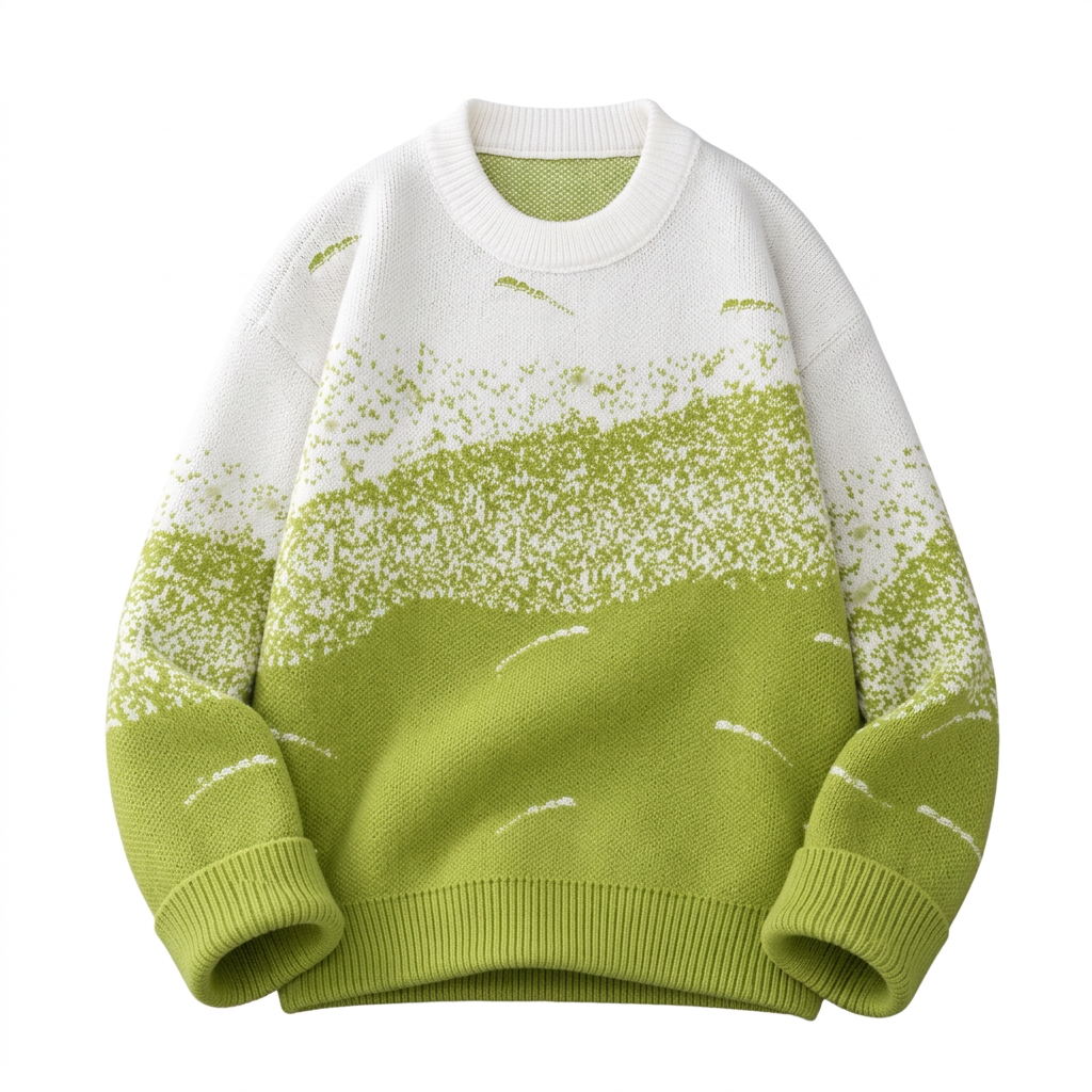 White and lime-green speckled crew-neck knit sweater on a white background