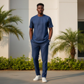 Model wearing navy blue linen senator set