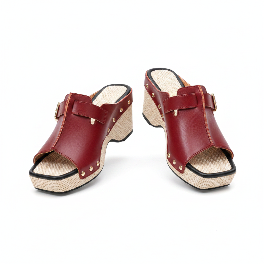 Women's Buckle-Strap Raffia Wedge Mule - Wine Ghost Mannequin