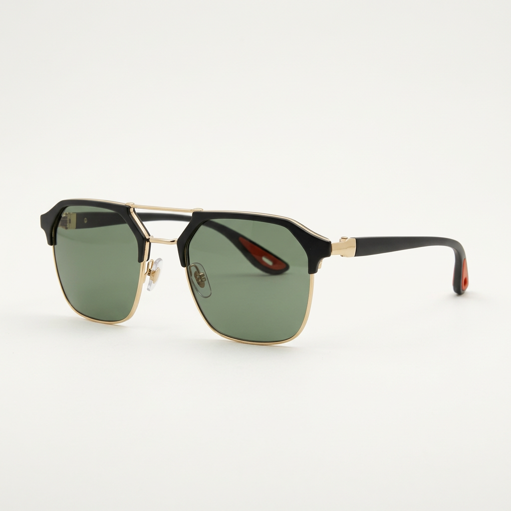 AI-edited black and gold-tone double-bridge sunglasses with green lenses