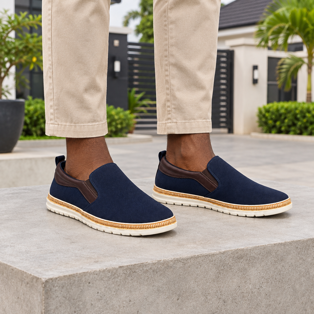 Man wearing navy slip-on shoes with beige chinos