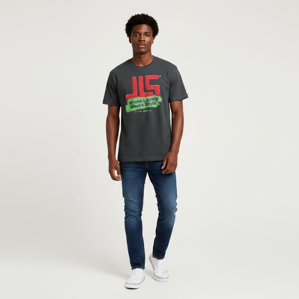 Young Nigerian male wearing dark charcoal JLS Legacy Meets Style graphic tee