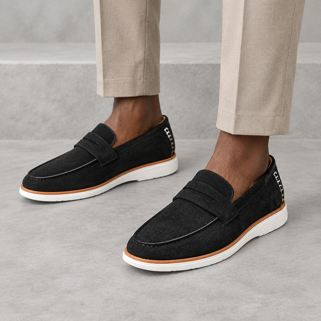 Black suede loafers worn by a model, shown from the legs down