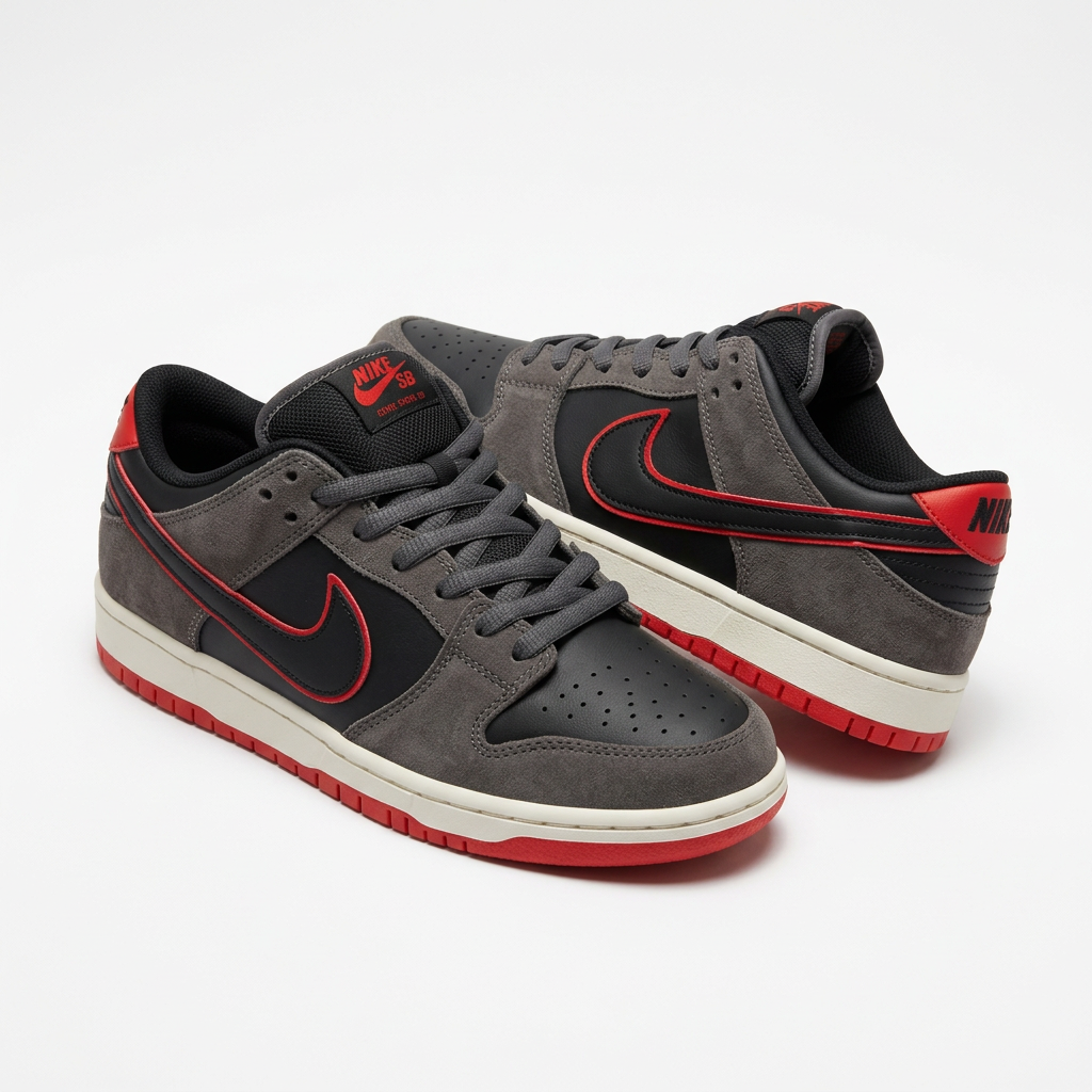 Pair of black and charcoal-grey low-top sneakers with red trim on white