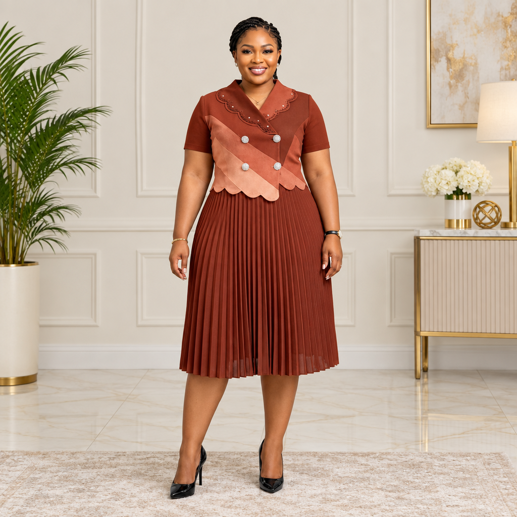 Adult Black woman wearing a rust two-tone buttoned pleated dress