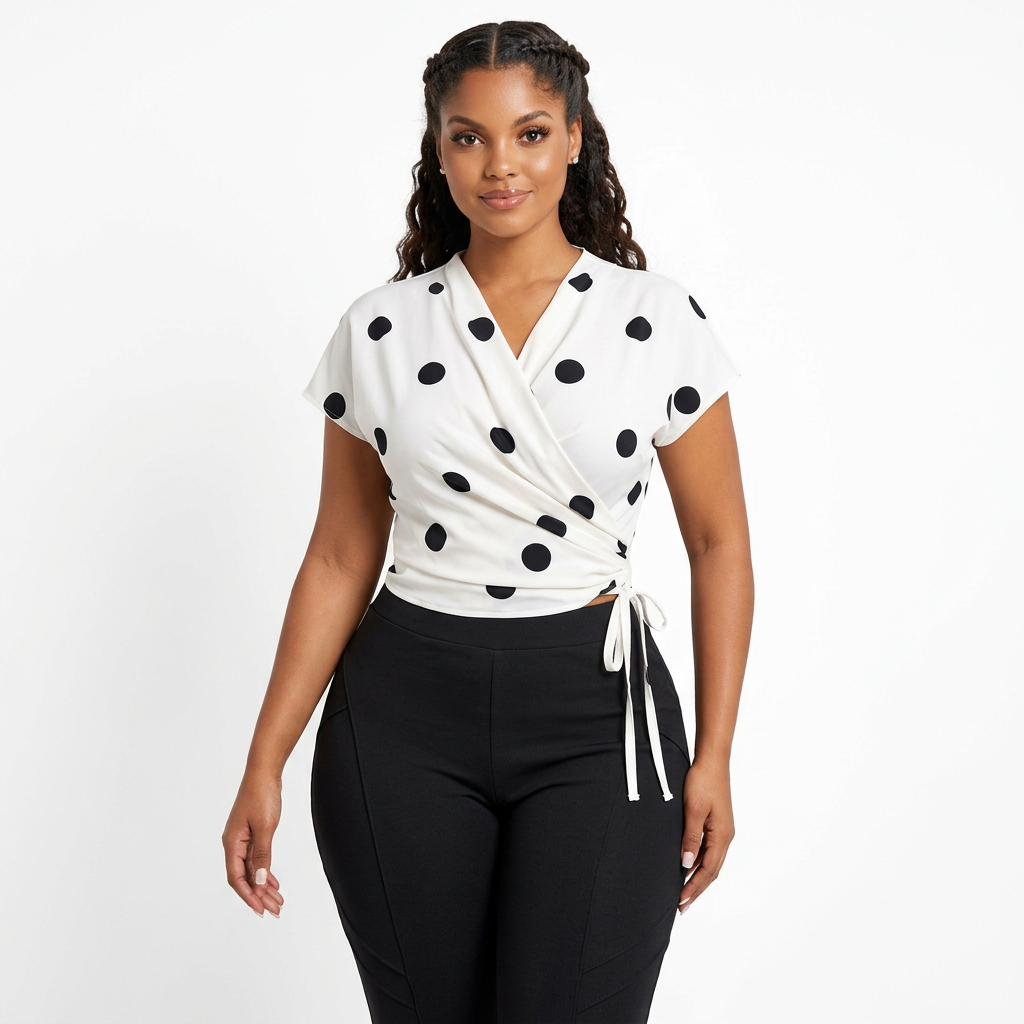 Black female model wearing a white polka-dot side-tie wrap blouse on white