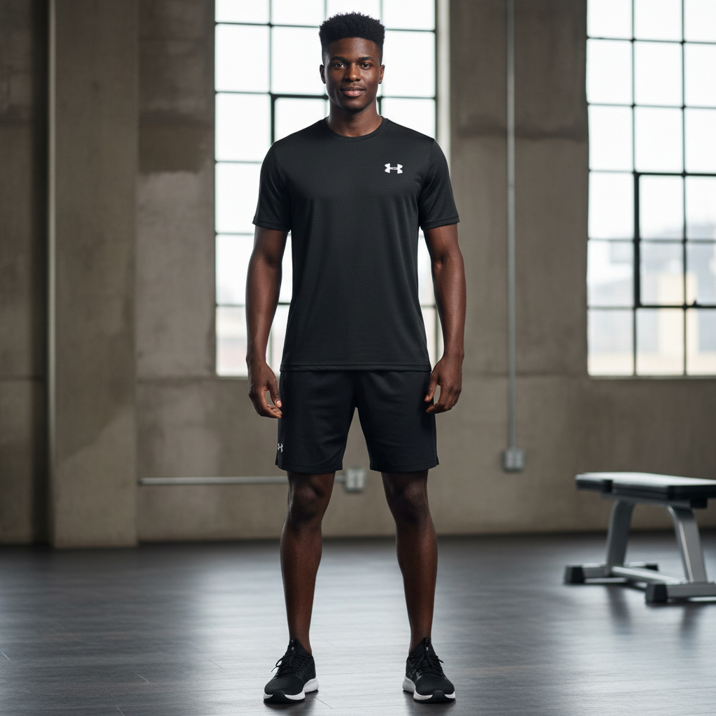 Under Armour black short-sleeve athletic T-shirt on male model
