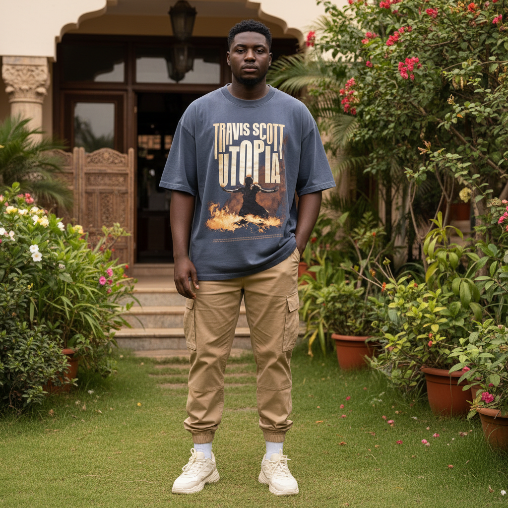 Men's Charcoal Blue Oversized Utopia Graphic Tee – Nigerian Male Model Shot