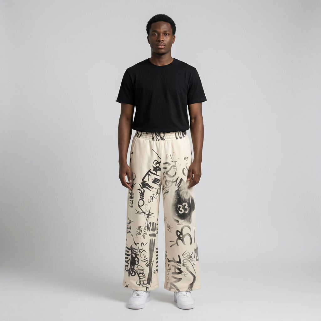Nigerian male model wearing cream graffiti side of reversible joggers