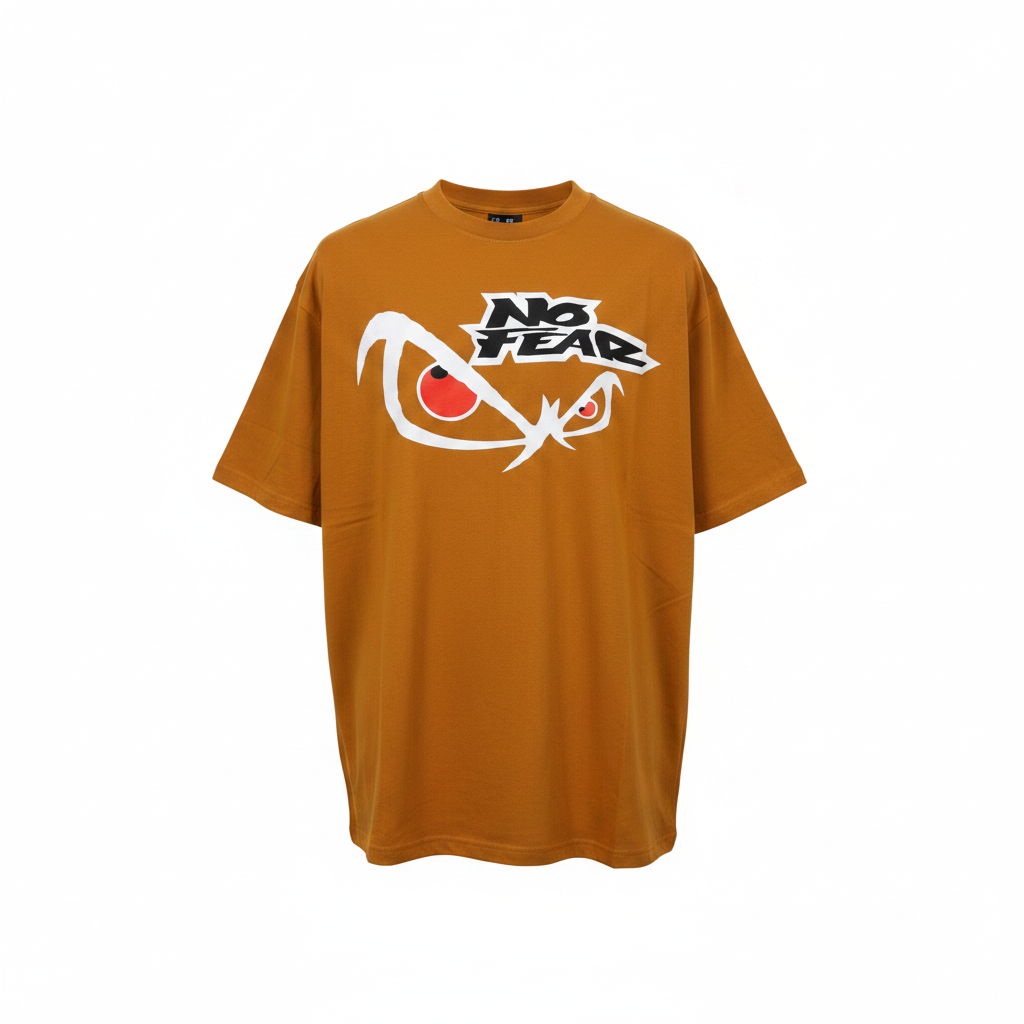 Unisex burnt orange No Fear graphic tee – ghost mannequin front view