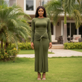 Women's olive green long-sleeve ruched twist knot draped bodycon maxi dress - model shot