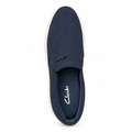 Navy slip-on shoe with a light sole against white