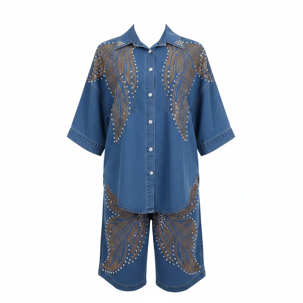 Ghost mannequin front view of Blue Denim Rhinestone Pearl Embellished Co-ord Set