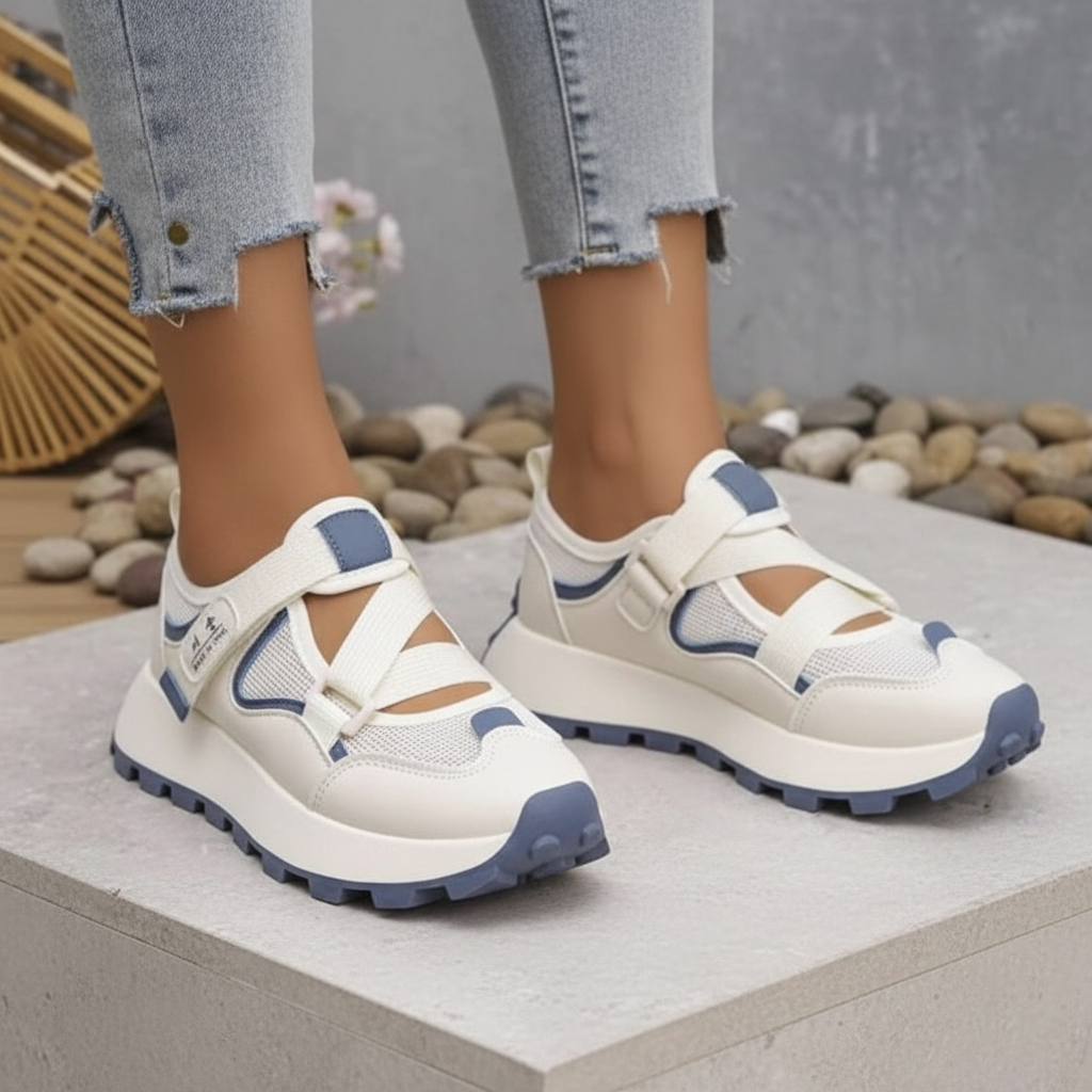 Leg focus shot of women's cream hybrid sneaker-sandals on Nigerian female model with denim jeans