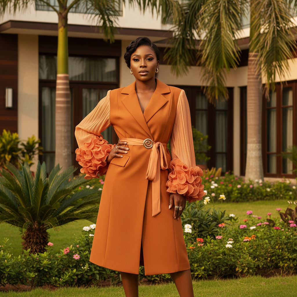 Caramel Orange Sheer Sleeve Ruffle Dress - Front Model View