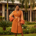 Caramel Orange Sheer Sleeve Ruffle Dress - Front Model View