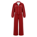 Red white-piping wide-leg tracksuit set on an invisible mannequin