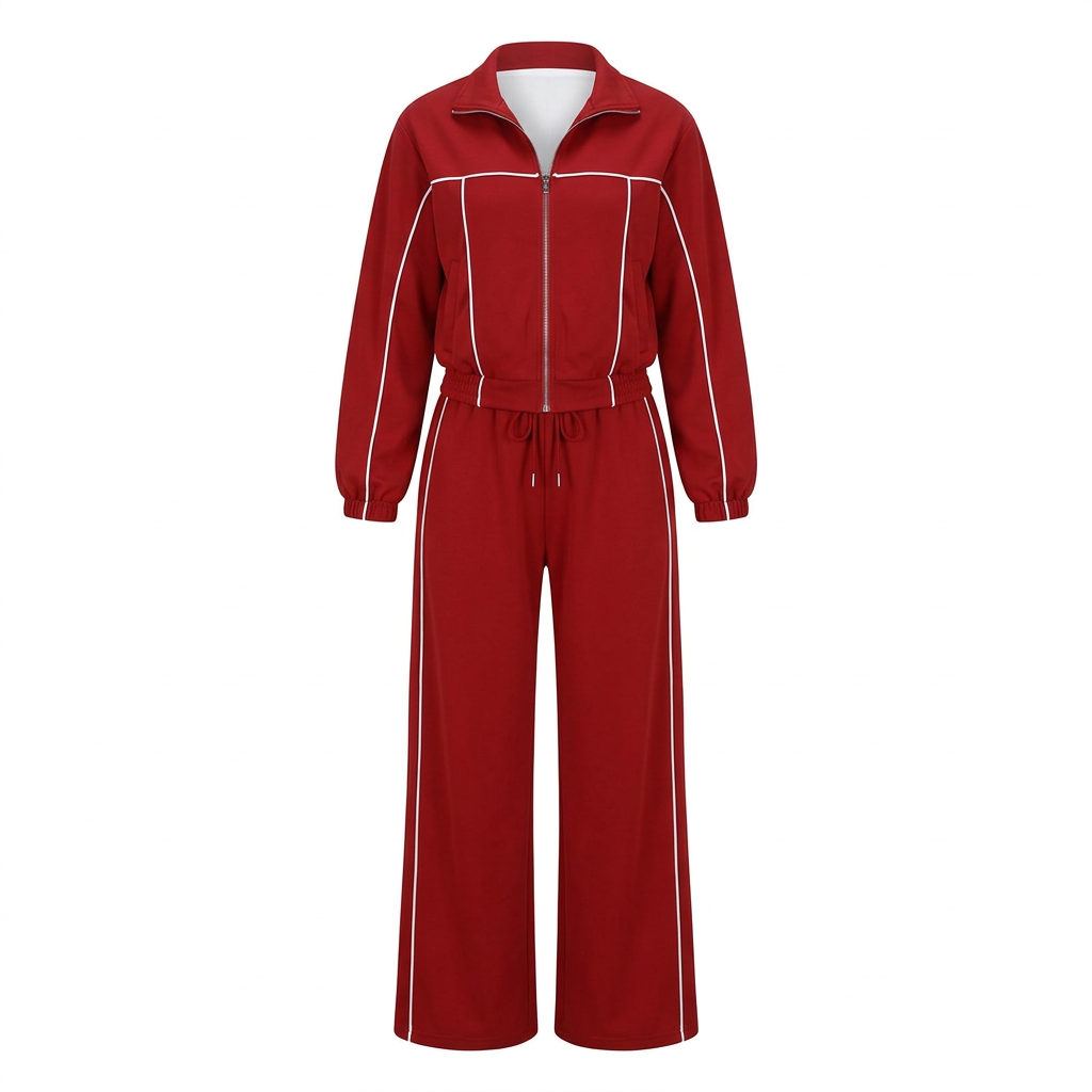 Red white-piping wide-leg tracksuit set on an invisible mannequin