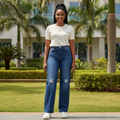 Front view - Navy Wide-Leg Ripped Knee Jeans