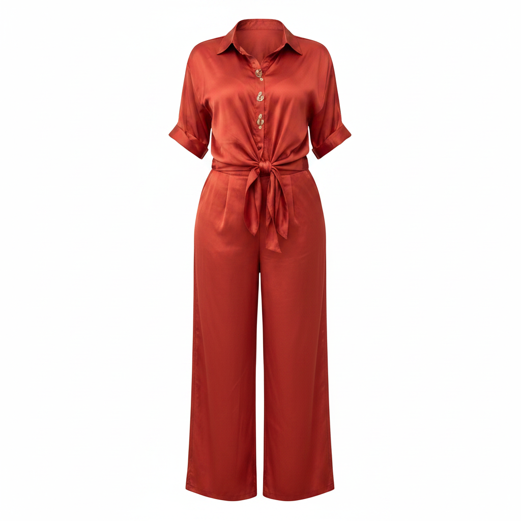 Women's red satin tie-front shirt and wide-leg trouser co-ord set – ghost mannequin view