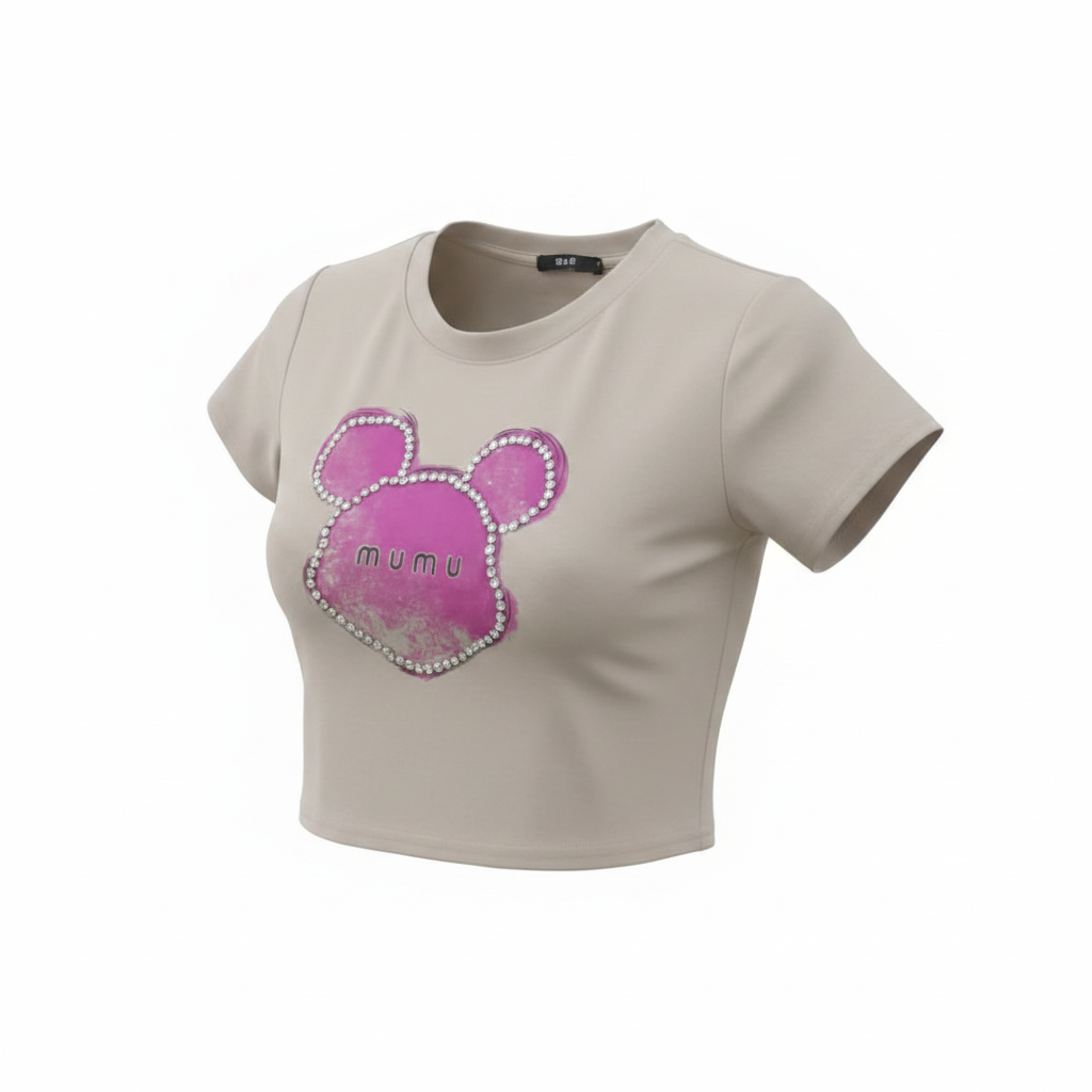 Women's beige rhinestone bear graphic crop top - ghost mannequin front view