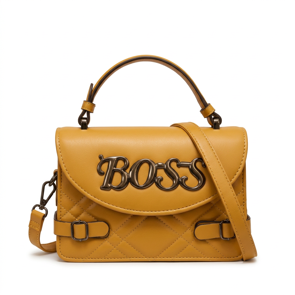 Mustard-yellow quilted handbag with dark brown top handle on white background