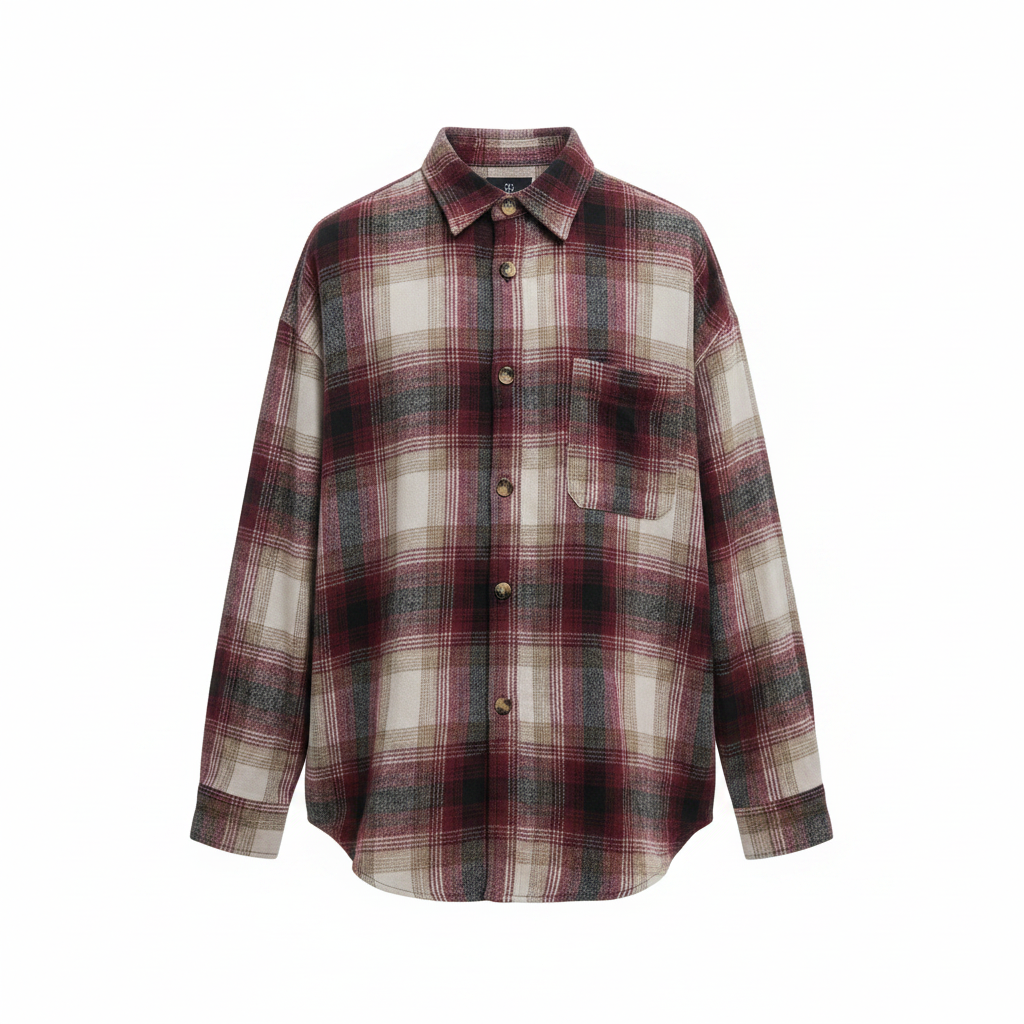 Men's burgundy plaid flannel overshirt on ghost mannequin