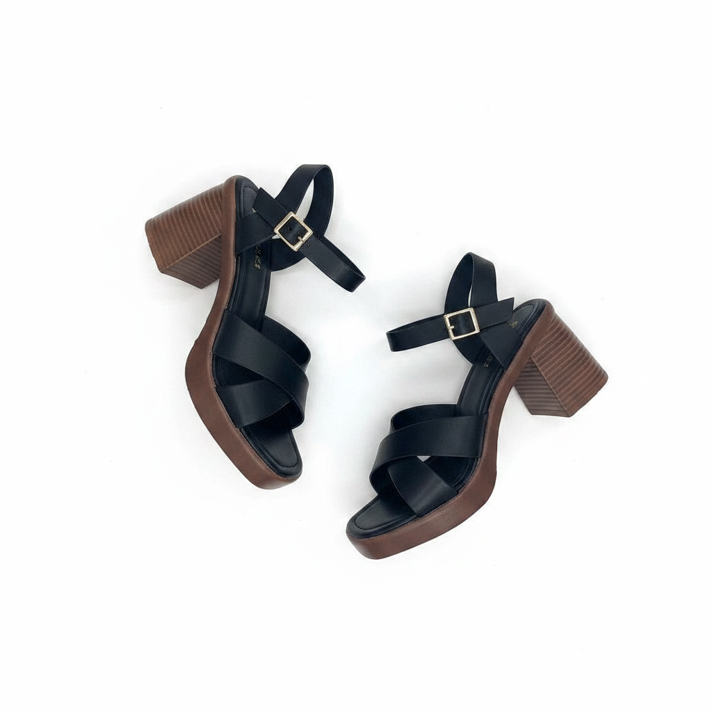 Women's black cross-strap block heel platform sandal — ghost mannequin view