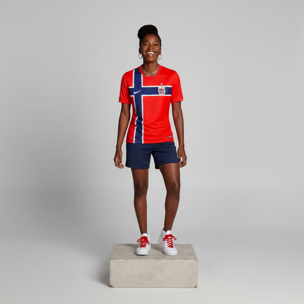 Nigerian female model wearing red Nordic cross graphic football jersey on concrete plinth
