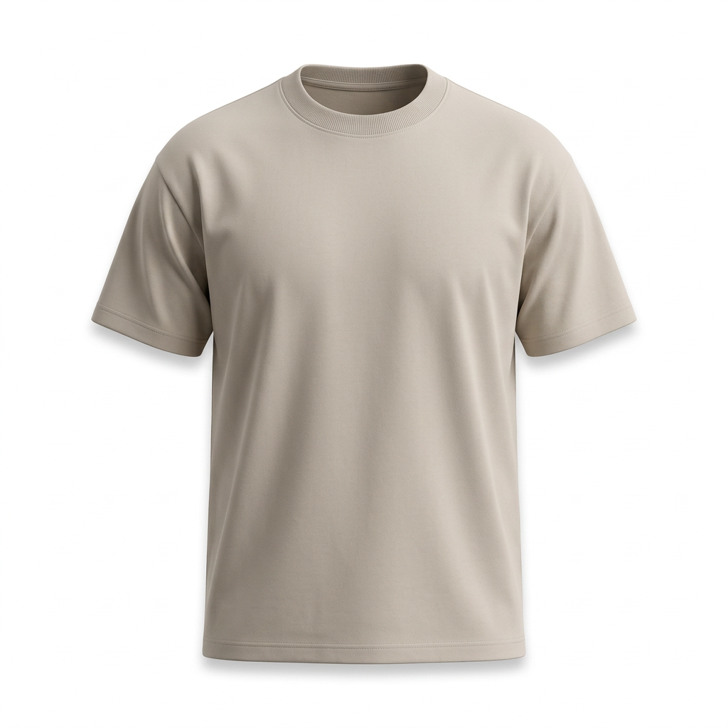 Stone beige crew-neck T-shirt ghost mannequin on white