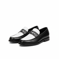 Two-tone black and white leather penny loafer ghost mannequin product shot, plain white background