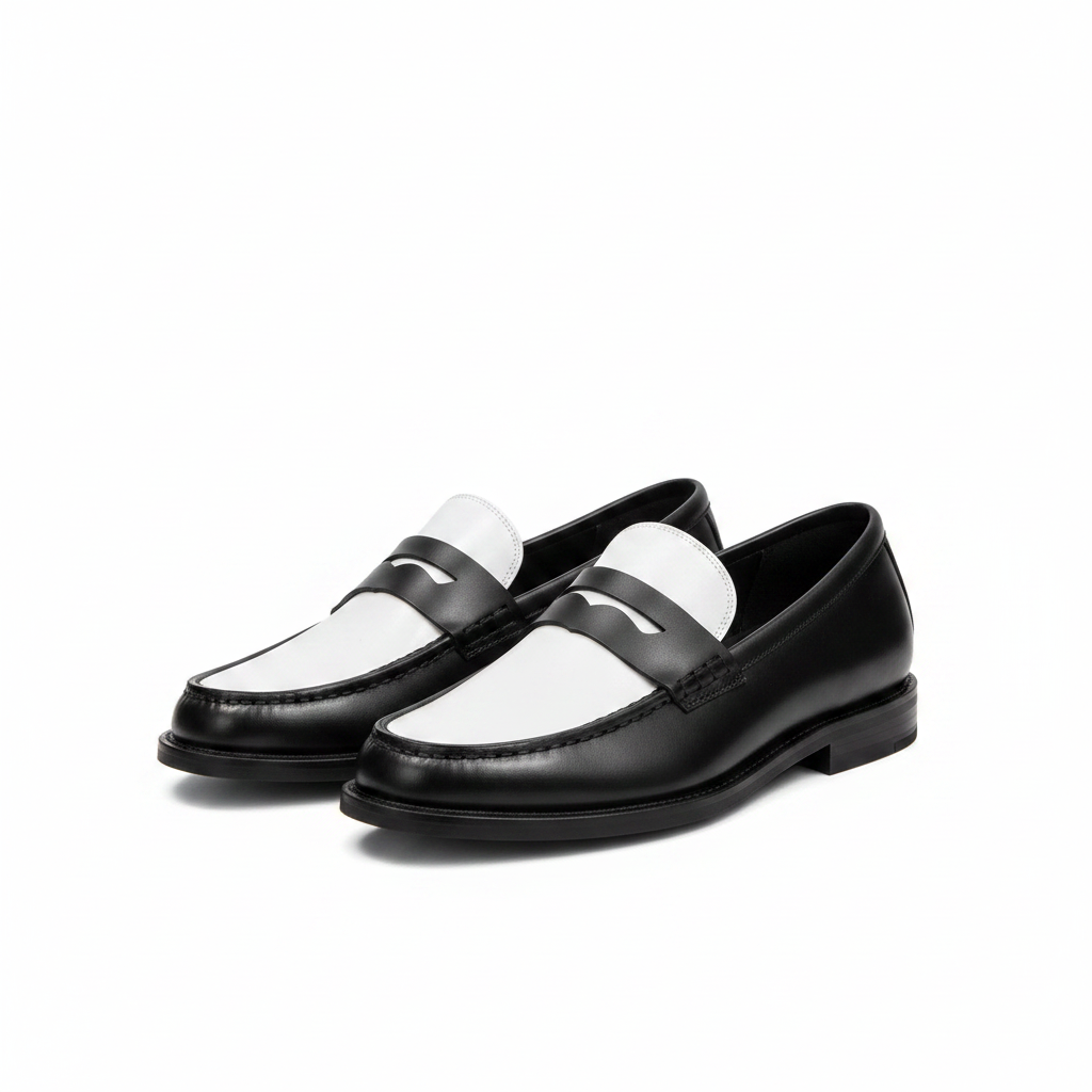 Two-tone black and white leather penny loafer ghost mannequin product shot, plain white background