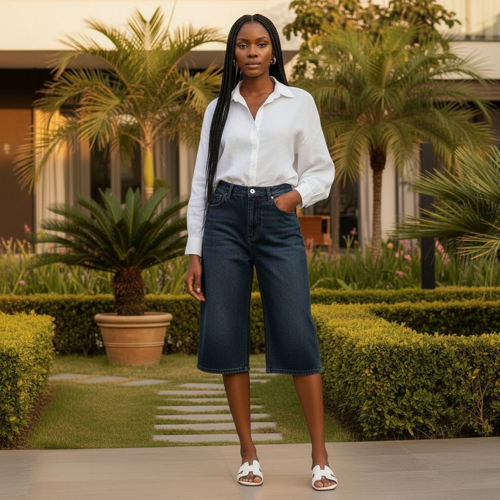 Dark Indigo Denim Bermuda Shorts - Front Model View