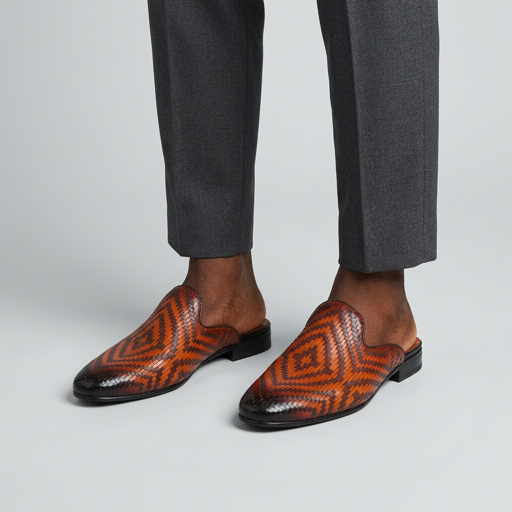 Man wearing orange woven-textured backless mules with heel on a plain studio background