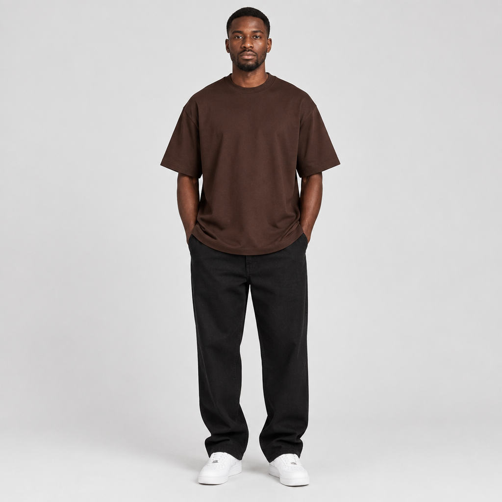 Man wearing plain dark brown crew-neck T-shirt