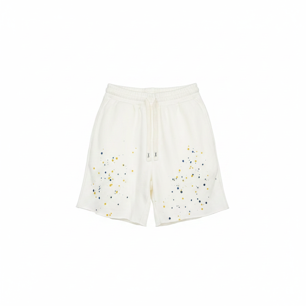 Ghost mannequin front view of white cream fleece drawstring shorts with multicolour paint splatter print