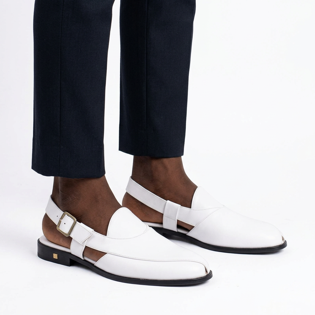 White slingback shoes properly worn on both feet with back straps secured